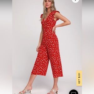 Lulu’s Floreal Love Red Floral Print Ruffled Culotte Jumpsuit